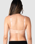 Kami, expecting mother of 2, demonstrating the versatile standard or convertible racerback feature of Hotmilk AU's Ambition T-Shirt Wirefree nursing and maternity bra in shell pink, designed for maternity, nursing, and breastfeeding comfort