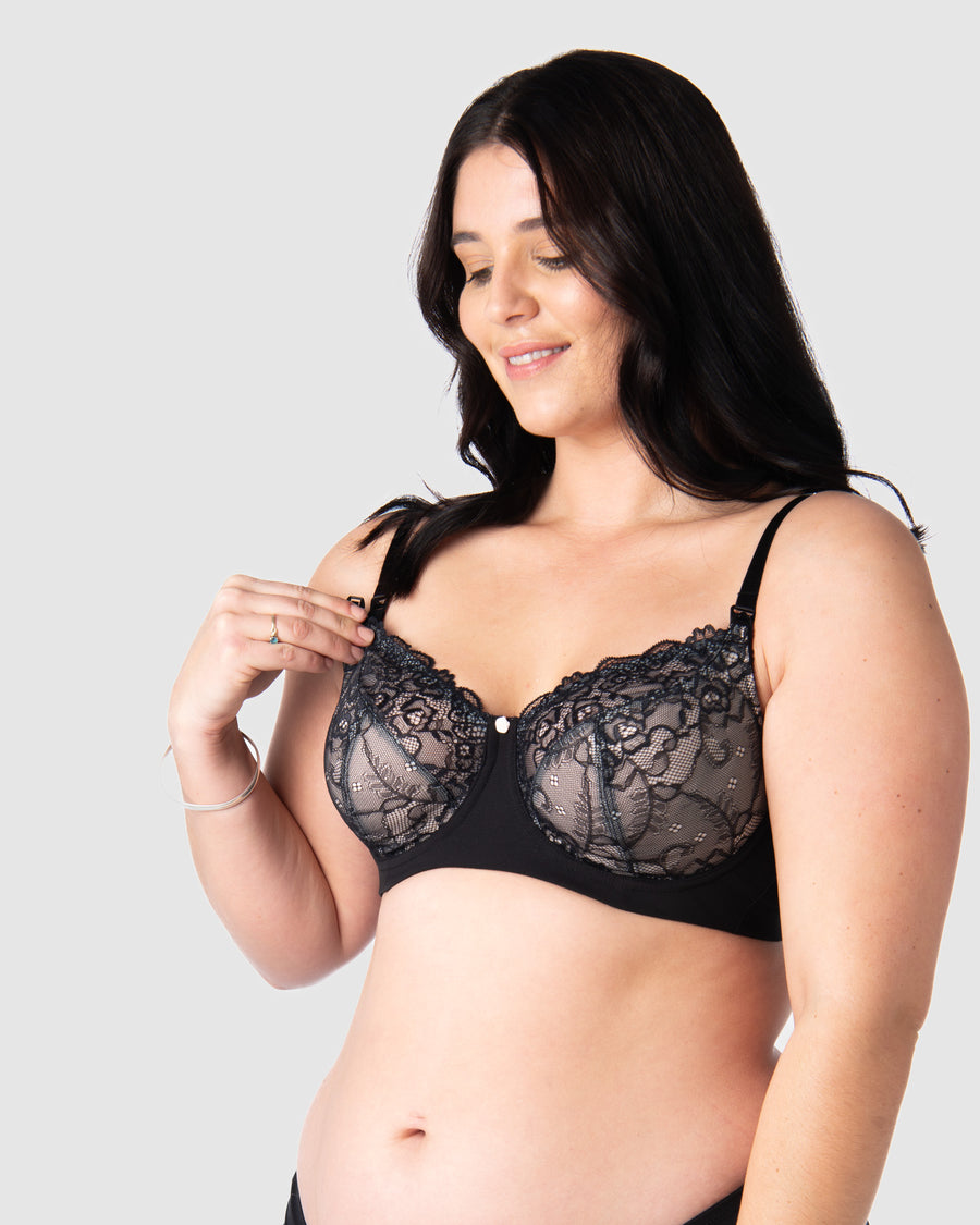 Olivia showcases the nursing clip functionality on Hotmilk Australia's award-winning Temptation in Black. Meticulously crafted for larger cup sizes, this bra provides a blend of style, support, and comfort throughout your breastfeeding journey
