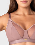 Close-up of sheer mesh plunge neckline on Hotmilk Flawless nursing bra in Rose Dust, made from certified recycled nylon