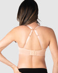 Kami, expecting mother of 2, demonstrating the versatile convertible racerback feature of Hotmilk AU's Ambition T-Shirt Wirefree nursing and maternity bra in maple, designed for maternity, nursing, and breastfeeding comfort