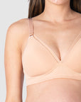 Close-up view of Kami, pregnant mother of 2, highlighting the exquisite fabric and intricate details of HOTMILK AU's AMBITION T-SHIRT WIREFREE nursing and maternity bra in elegant maple, designed for maternity, nursing, and breastfeeding needs