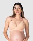 Kami, pregnant mother of 2, showcasing the comfort and style of HOTMILK AU nursing and maternity bra - AMBITION T-SHIRT WIREFREE in maple, perfect for breastfeeding