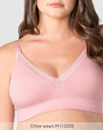 Hotmilk Caress FlexFit Nursing Bra in Petal Pink – back view with branding detail, breathable bamboo breastfeeding bra
