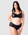 Complete ensemble: Olivia donning Hotmilk Lingerie AU's Enlighten Balconette maternity, nursing, and breastfeeding bra in 14/36D, providing flexiwire support for maximum comfort and style