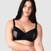 Model Olivia showcasing the allure of Hotmilk Lingerie AU's Enlighten Balconette maternity, nursing, and breastfeeding bra, with its elegant blend of soft slinky microfiber for a comfortable and stylish experience