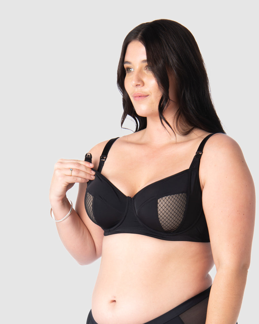 Close-up of Model Olivia showcasing the nursing clip functionality of Hotmilk Lingerie AU's Enlighten Balconette maternity, nursing, and breastfeeding bra, designed for practicality and style