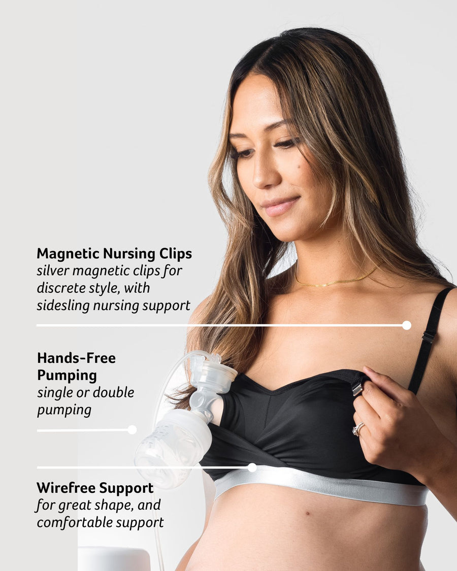 Nursing clip and Pump function shown on Close up of Freedom Pumping and Nursing Bra in Black