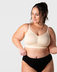 Hotmilk My Everyday FlexFit Nursing Bra in Latte Busty – styled worn, recycled nylon maternity nursing bra full cup