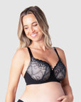 Grace, an expectant mother in size 12/34F, showcases the wide straps crafted to provide abundant support and comfort for larger cup sizes. Hotmilk's award-winning Temptation in Black offers elevated everyday comfort, tailored to meet the needs of breastfeeding mothers