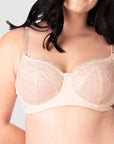 Capture a close-up view of the delicate sheer lace over cotton-lined cups, radiating an air of elevated elegance in this maternity and nursing bra. This makes it a perfect choice for the wedding and party season, expertly designed to provide all-day comfort. The soft shades of pink evoke a sense of romance that Hotmilk Lingerie is renowned for