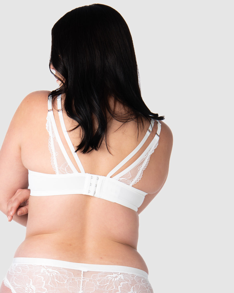 levate your style as a bride or wedding guest with Hotmilk Lingerie's True Luxe maternity and nursing bra in crisp white. Enjoy the convenience of 6 rows of hooks and eyes for flexible wear throughout your pregnancy. The soft twin lace strap details and semi-sheer floral lace add a touch of elegance to breastfeeding, making this the ideal choice for special occasions