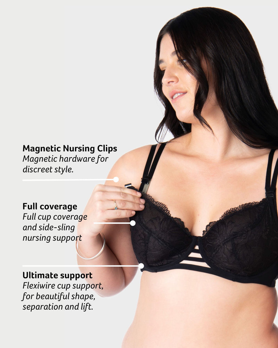 Discover the Key Features of Hotmilk Lingerie's True Luxe  Black Maternity and Nursing Bra. Experience the Sensual Comfort of Flexi Underwire, Elevating Your Maternity Wardrobe to a New Level of Style and Functionality