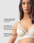 Discover the exceptional features of the Hotmilk Lingerie Warrior Plunge Nursing and Breastfeeding Bra in Ivory, showcased by Ariel, mama of 3. Explore the convenience of magnetic nursing clips, the support of contour cups, and the flexibility of flexi underwire—all integral elements of this stylish and functional bra