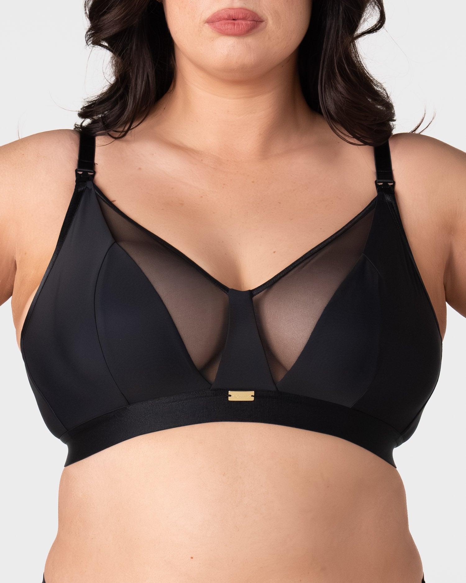 Hotmilk Flawless Full Cup Plunge Nursing Bra in Black – styled worn, elegant breastfeeding bra with plunge neckline