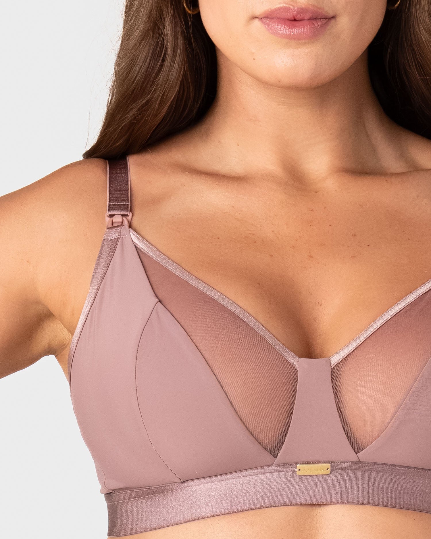 Close-up of sheer mesh plunge neckline on Hotmilk Flawless nursing bra in Rose Dust, made from certified recycled nylon