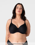 Kaarina wears size 16E in the Forever New black nursing bra with flexiwire support and ¾ coverage contour cups for fuller busts