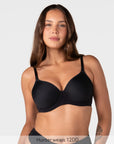 Hunter wears size 12DD in the Forever New black t-shirt nursing bra with seamless spacer foam cups for a smooth everyday fit