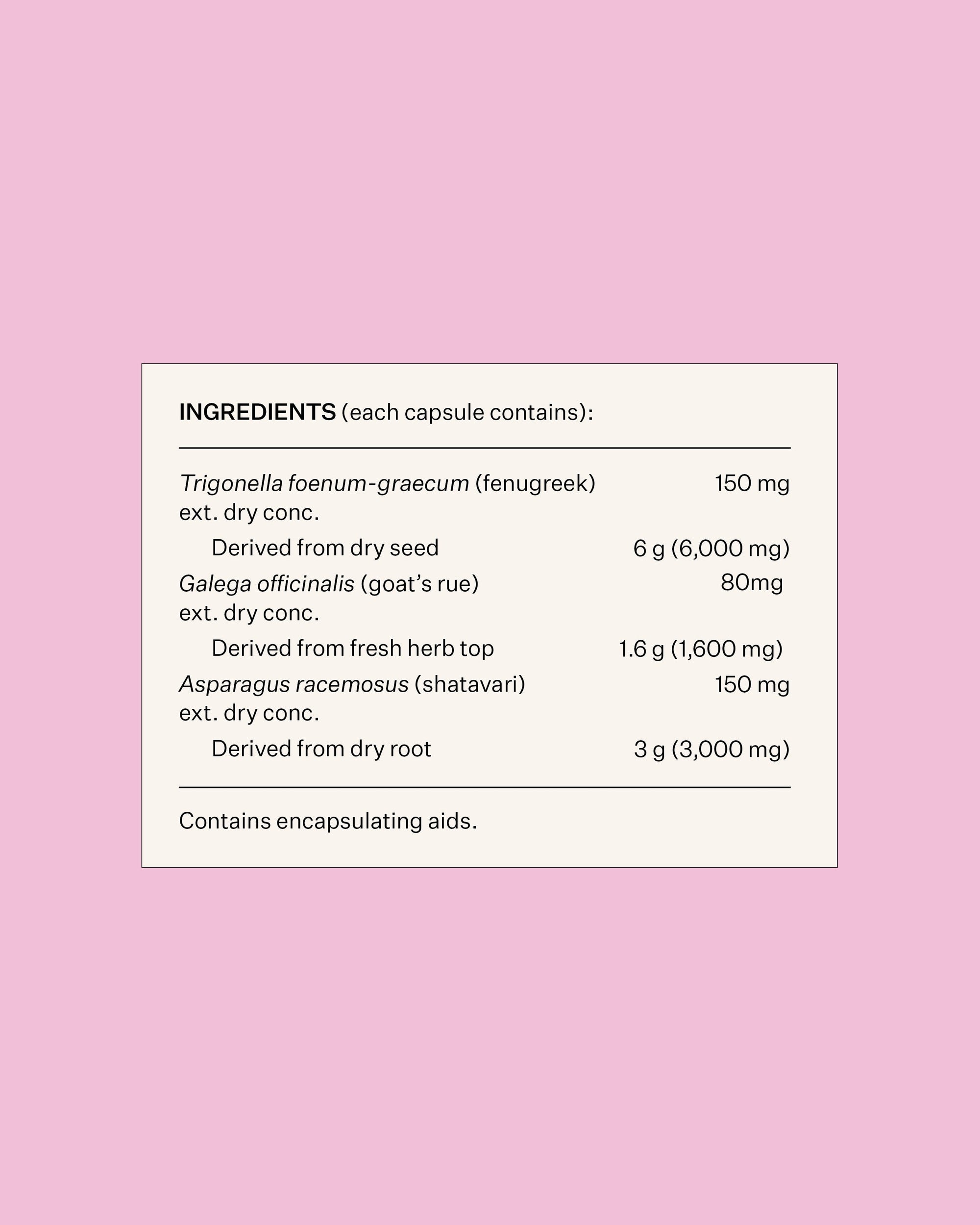 Milk Maker breastfeeding supplement ingredients list with 6,000mg fenugreek, goat's rue and shatavari to support breast milk production