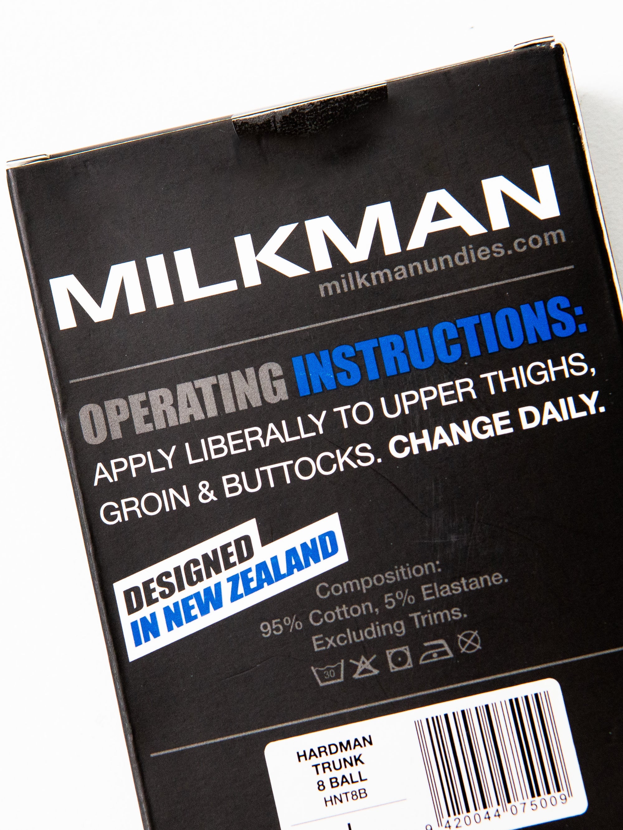 Box of Milkman underwear with humorous instructions on a white background
