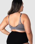 Tiare, Mother of 2, Spotlights the Seamless Design and Back View of My Necessity Wirefree Maternity and Nursing Bra. Revel in Full Cup Coverage with Unparalleled Uplift, Boasting 6 Rows of Hook and Eyes on the Extendable Band, all in the Striking New Color Slate – Redefine Your Comfort and Style Journey