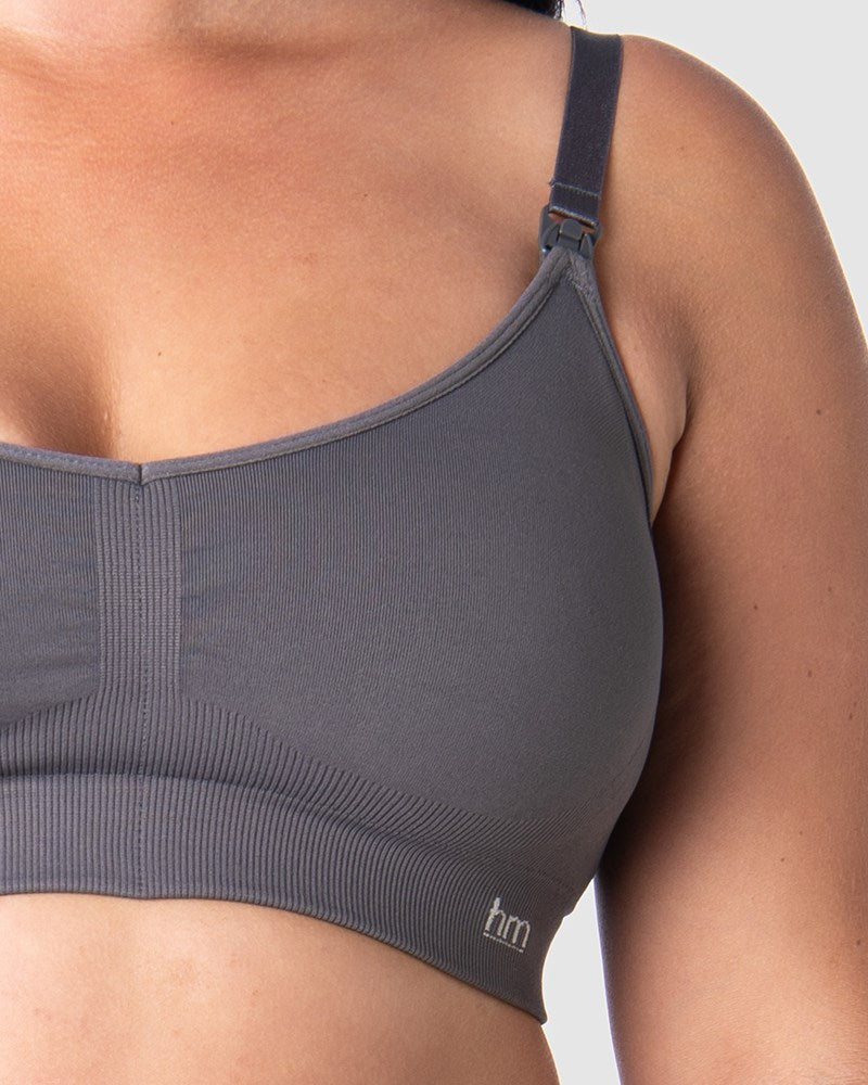 Experience Unrivaled Uplift with a Close-Up View of My Necessity Wirefree Maternity and Nursing Bra. Adorned with Traditional Plastic Nursing Clips in the Striking New Color Slate – Redefine Your Comfort and Style Journey