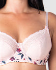 Explore the Intricate Details with a Close-Up of the Beautiful Floral Bloom and Soft Blush Lace in Hotmilk Lingerie's Award-Winning Temptation Flexiwire Maternity and Nursing Bra. Providing Support for Fuller Busts, It Maintains the Feminine Strength of Mothers-to-Be and Breastfeeding Mothers. Redefine Comfort and Style in the Best Nursing Bra