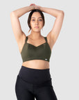 The Zen Olive Wirefree Sports Bra from Hotmilk Lingerie, paired with your favorite Hotmilk Lingerie Focus Sports Leggings, creates the ideal on-the-go outfit