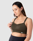 Tatiana demonstrates the convenient nursing clips for on-the-go breastfeeding with the Zen Olive Wirefree Sports Bra from Hotmilk Lingerie. This versatile bra is the perfect choice for expectant and nursing mothers, offering exceptional support for walking and light exercise throughout pregnancy and the breastfeeding journey