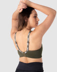 Explore the adaptable back straps in their standard position with the Zen Olive Wirefree Sports Bra from Hotmilk Lingerie. A go-to selection for expectant and nursing mothers, this versatile bra delivers exceptional support for walking and light exercise during pregnancy and throughout the breastfeeding journey