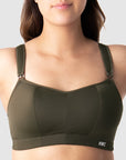 Close up of the Zen Olive Wirefree Sports Bra by Hotmilk Lingerie. This versatile bra is an ideal choice for expectant mothers and nursing mothers, providing the perfect support for walking and gentle exercise during pregnancy and breastfeeding
